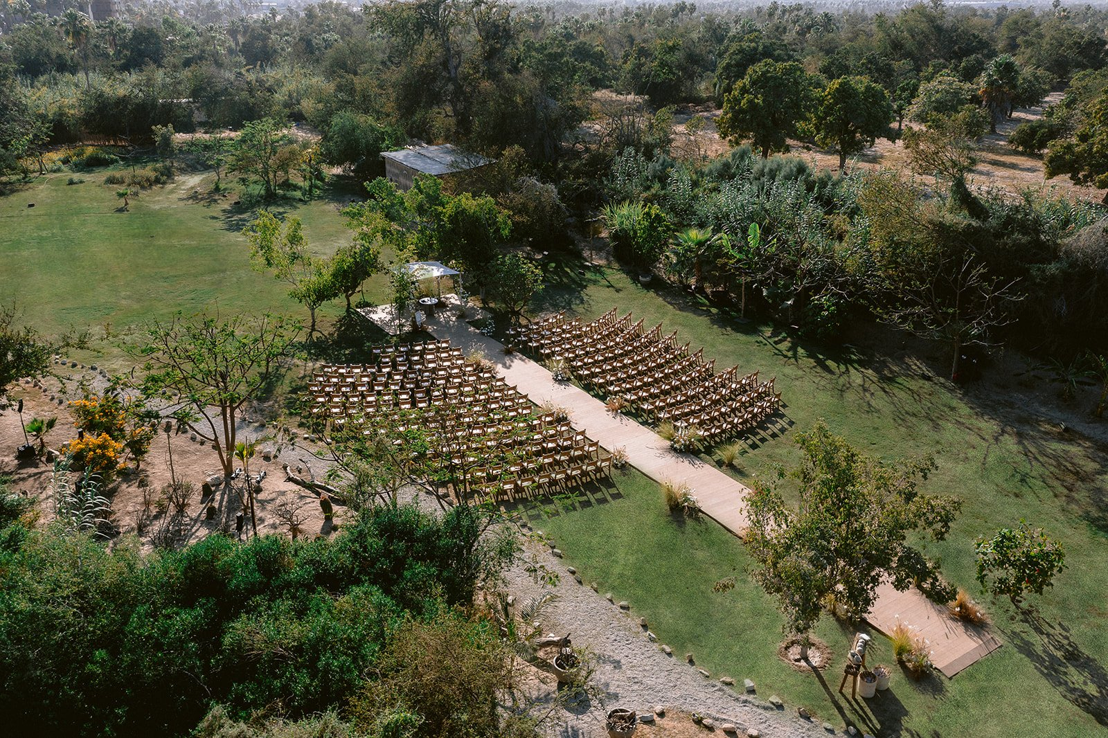 Ceremony seating beneath mature trees